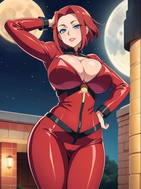 Code Geass, Kallen Stadfeldt 1girl, (((bimbo))), blue eyes, short red hair, puffy lips, painted lips, thick lips, wide hips, thick thighs, big breast, huge ass, revealing cleavage, erotic, Smile face, bubble butt, camel toe, breasts, red pilot suit, night ...