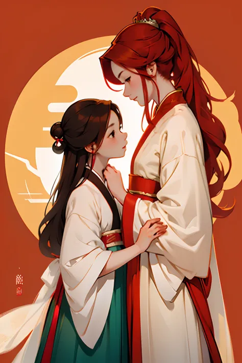 two girls as lover, hanfu, white and orange hanfu, red clothes, red hair girl, brown hair girl ,flat background, chinese pattern background, sun theme,