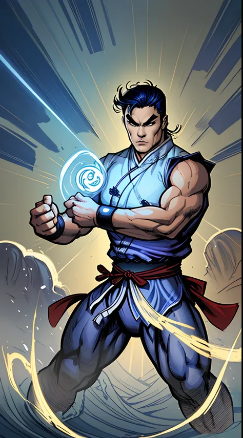 Digital illustration art，Young heroes of ancient China，Handsome，Thick eyebrows, Big eyes，Super fit，kung fu pose，raiden，Greatwave，火焰