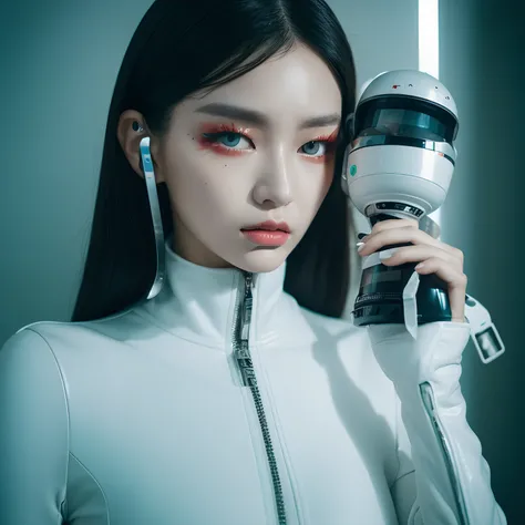 An award winning photography of a cyborg Korean woman. high editorial photo, wearing futuristic normcore fashion, glossy lips, double eyelids, hyper res