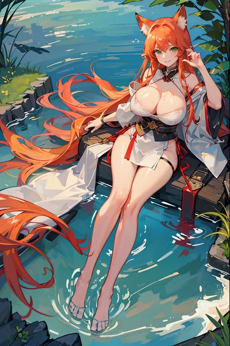 (Masterpiece, best quality, beautiful eyes, highly detailed, high res), 1girl, fox girl, fox ears, fox tail, orange hair, green eyes, Japanese priestess, goddess, mature woman, big breasts, massive breasts, massive cleavage, sexy, shiny skin, wet skin, wat...