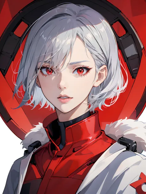 anime girl with white hair and red eyes in a red jacket, portrait anime space cadet girl, ayanami, echo from overwatch, cyborg - girl with silver hair, anime style 4 k, best anime 4k konachan wallpaper, portrait of a female anime hero, perfect android girl...