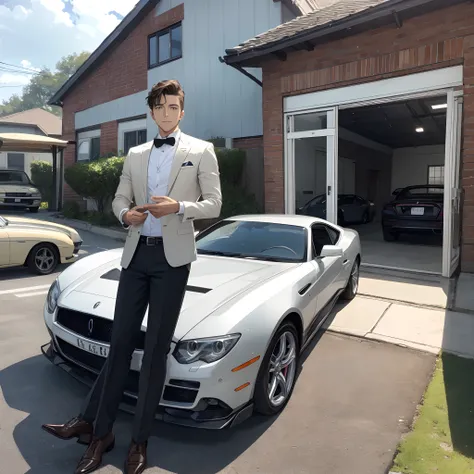 A handsome boy，The background is the garage，Several luxury cars were parked