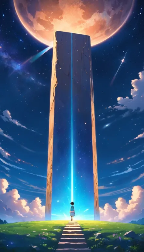 Stone slab floating in the starry sky，The stele is covered with unknown text，Spaceship hanging in front of a stone monument，There is no text in the photo，There is no basis