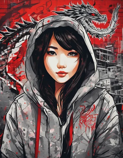 close up photograph, Confident young woman，Asian people，Black color hair，with brown eye，Wear a hoodie with a red dragon pattern, On the streets soaked with rain at night