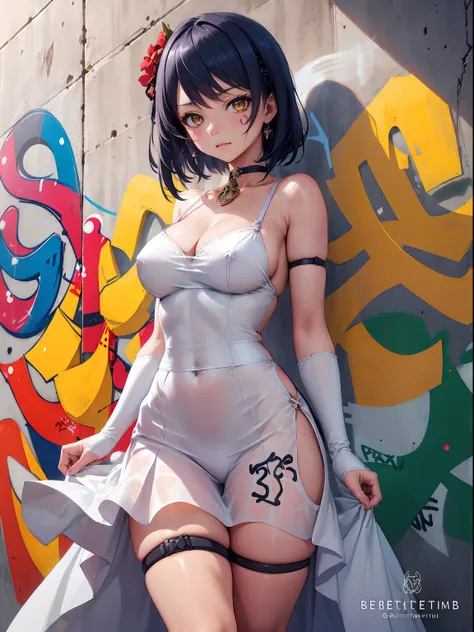 Kujou Sara| genshin impact, master-piece, bestquality, 1girls,25 years old, proportional body, proportional., Wedding Dresses, White Wedding Dress, wedding,Long skirt, mediuml breasts, ,bara, choker, (Graffiti:1.5), Splash with purple lightning pattern., a...