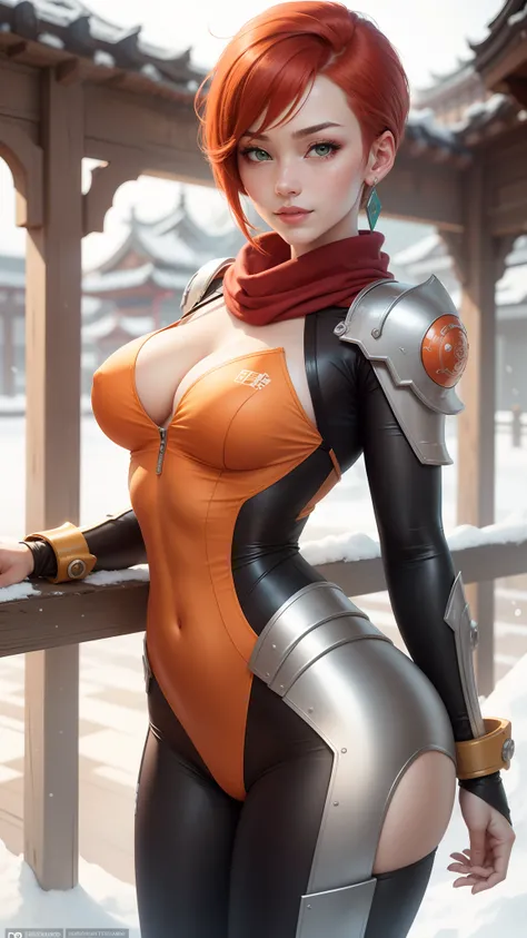 gwen tennyson,tracer,chun-li,rebecca chambers,overwatch,gundam,1girl,close up,mecha pilot,chinese garden,orange and pink plugsuit,chinese hair pin,pirate corset,silver long sleeve lycra top,silver leggings,short hair,cute makeup,green eyes,orange and blue ...