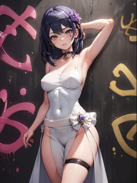 Kujou Sara| genshin impact, master-piece, bestquality, 1girls,25 years old, proportional body, proportional., Wedding Dresses, White Wedding Dress, wedding,Long skirt, mediuml breasts, ,bara, choker, (Graffiti:1.5), Splash with purple lightning pattern., a...