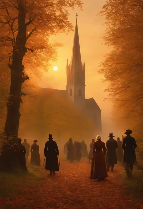 Painting of a group of people, die auf einem Feld mit einer Kirche im Hintergrund spazieren gehen, warmes Herbstlicht, colorful leaves, Sonne seitlich von vorn,  a painting by Caspar David Friedrich, Shutterstock, Romantik, Kramskoi, Kramskoi 4 K, Romantik...