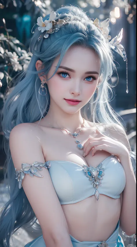 Realistic, full body portrait of a young girl, perfect body, perfect professional pose, 20 years old. Musical blue hair, beautiful realistic light blue eyes; beautiful white teeth, happy smile, attractive, make up the worlds most beautiful perfect face ove...