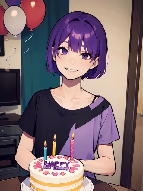 A guy, wearing a purple t-shirt, purple hair, short hair, holding a birthday cake, smiling