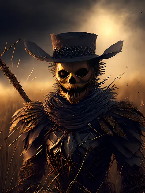 Close-up ( Scarecrow creepy straw face from Marvel in Goth style: 1.3) emerging from the dry Cornfield, extremely detailed, smoke, sparks, metal shavings, flying debris, volumetric light