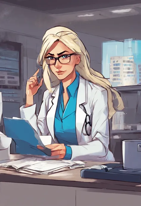 1womanl, , doctor, very light blonde hair, down ponytail hair, square glasses, sly look, frown , white lab coat, blue shirt, blue gloves reading, drinking coffee behind the desk, background hospital