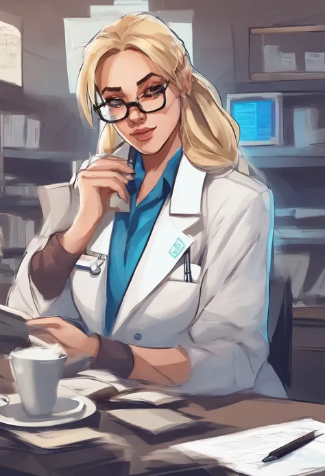 1womanl, , doctor, very light blonde hair, down ponytail hair, square glasses, sly look, frown , white lab coat, blue shirt, blue gloves reading, drinking coffee behind the desk, background hospital