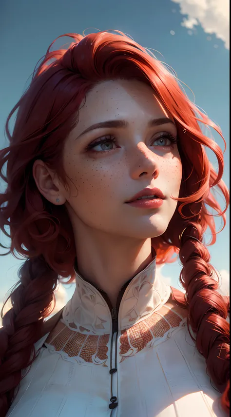 (Detailed face features:1.3), (((1mature woman))), standing wearing a long dress, (looking up, close-up photo, face picture), (looking at the sky:1.5), dynamic pose, face photo, 16k, masterpiece, best quality: 1.2), (high detailed skin), (curly red hair), ...