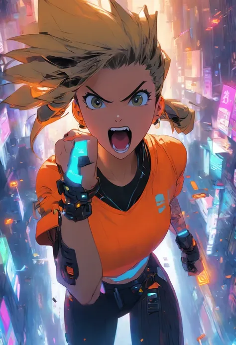 a woman, beautiful,shouting,and an orange shirt, cyberpunk art by Zhou Jichang, Artstation, shock art, official art, artstation hd, anime.