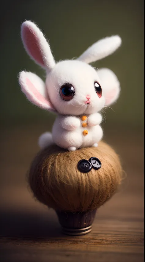 matte sharp painting cute little fluffy bunny,Eyes made of buttons, bodies made of cotton, a wool felted dream,photo of a needle felted wool mushroom figure with two googly eyes， painted by mark ryden, artgerm, artstation behance storybook