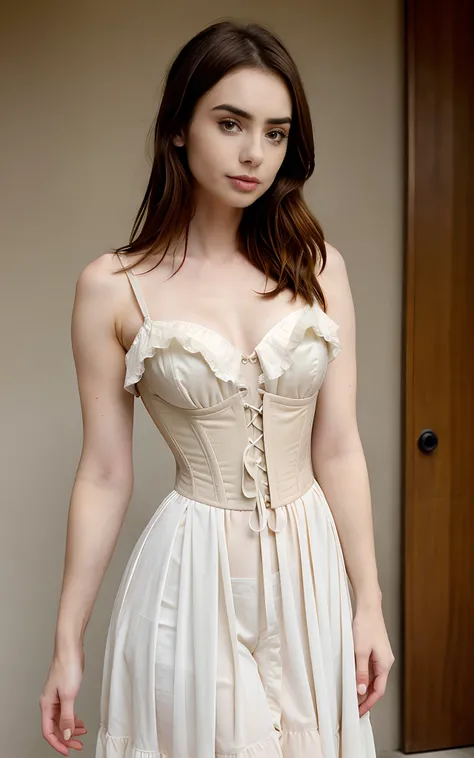 Lily collins,, Victorian style corset dress, brown hair, high detailed skin, skin pores, ((day)), blank background