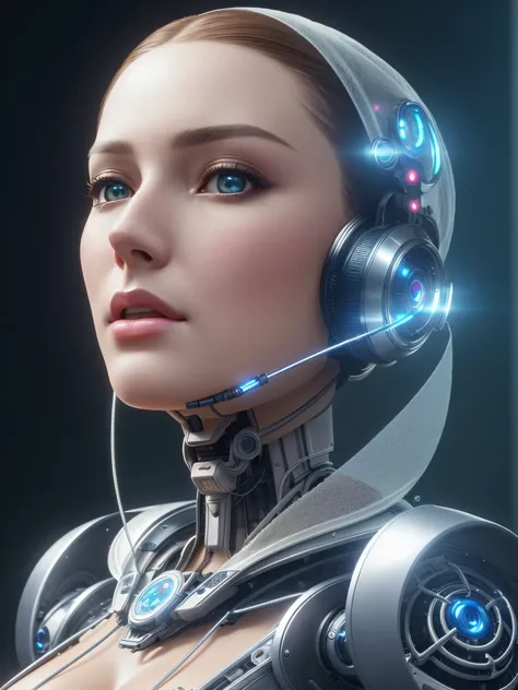 Complex 3d rendering very detailed beautiful ceramic silhouette female robot face, robot, robot parts, 150 mm, beautiful studio soft light, edge light, vibrant details, luxurious cyberpunk, lace, surrealism, anatomy, facial muscles, cable wire, microchip, ...