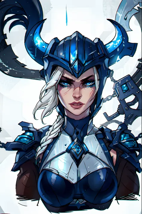 best quality, master piece, highres, portrait, sejuani, white hair, silver armor, helmet, perfect face, blue eyes, large breats,