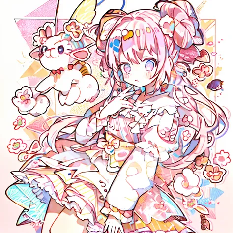 1 girl in, Pink hair, Two buns of hair, Harajuku, Decora, Viola, pink there,shuicolor, Focus on the upper body, Plump cheeks