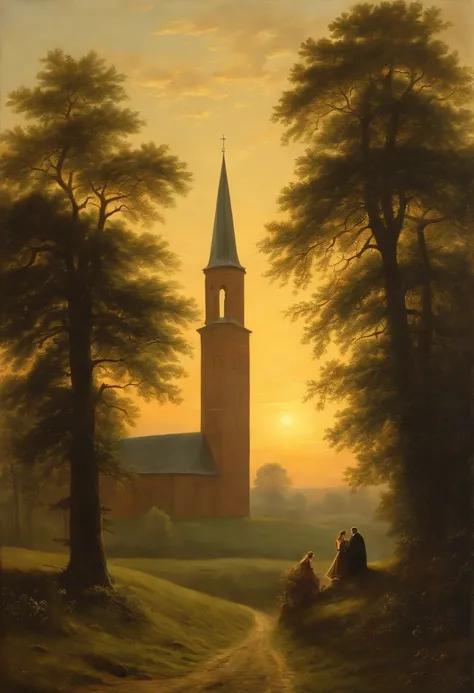 Oil Painting of a Man and a young beautiful Woman, die auf einem Feld mit einer Kirche im Hintergrund (spazieren gehen), Sonne seitlich von vorn, (Stadt im Stil Karl Friedrich Schinkel von mit Kirchturm im Hintergrund), romantisches Licht und Schatten,  a ...