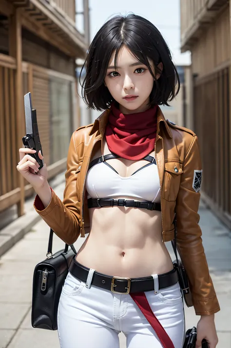 Master Parts, Best Quality, Haute, hmmikasa, Short hair, Black eyes, Underwear for the lower body, Swimwear Scarf, emblem, Belt bag, Thigh strap, red scarf, White pants, Brown jacket, shortsleeves, holding gun, The sword, outside of house