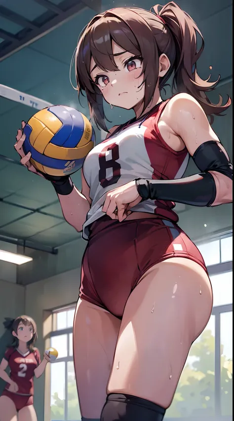 (((masterpiece))), (((best quality))), (((ultra detailed))), (((high-resolution))), ((super fine illustration)), ((Ultimate cutie)), detailed beautiful face, shiny hair, (gyaru), medium breasts, ((potbelly)), (((2girls))), (((2female volleyball players))),...