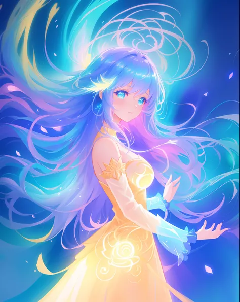 beautiful anime girl in multi-layered ballgown with puffy long sleeves, vibrant pastel colors, (colorful), magical lights, colorful long hair made of liquid light, sparkling lines of light, inspired by Glen Keane, inspired by Lois van Baarle, disney art st...