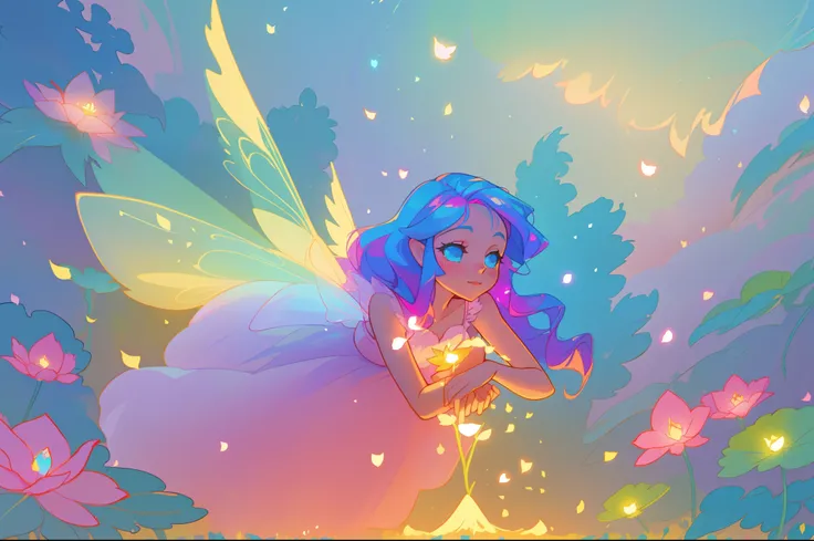 beautiful girl in fairy dress made of flower petals, beautiful fairy queen surrounded by colorful tiny pixies and fairies, glowing tiny fairies, (glowing fairy wings), glowing flowing ballgown, long wavy hair, sparkling fairy wings, watercolor illustration...