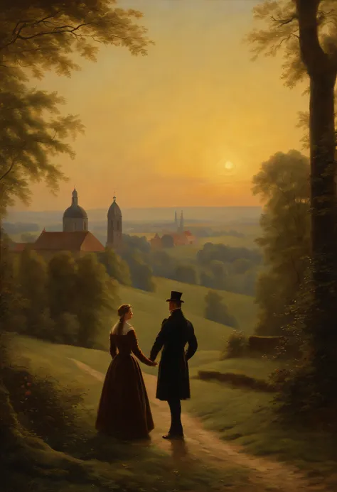 Oil Painting of a Man and a young beautiful Woman, die auf einem Feld mit einer Kirche im Hintergrund (spazieren gehen), Sonne seitlich von vorn, (Stadt im Stil Karl Friedrich Schinkel von mit Kirchturm im Hintergrund), romantisches Licht und Schatten,  a ...