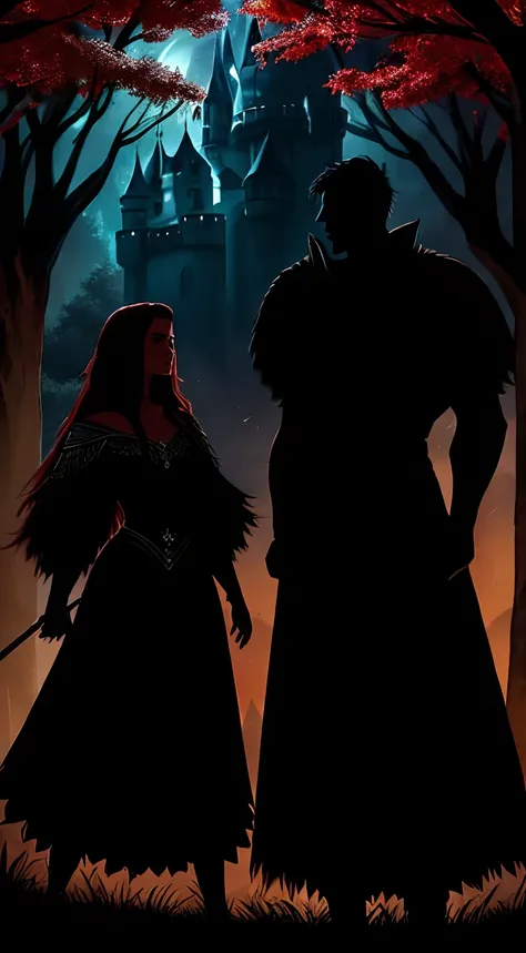 imaginar: There is a silhouette of a man with dark hair, olhos azuis e pele branca, vestido com roupas pretas e um casaco, Next to him is a beautiful red-haired woman. Ao fundo, there is a large, Shaded castle surrounded by trees at night. bem detalhado.