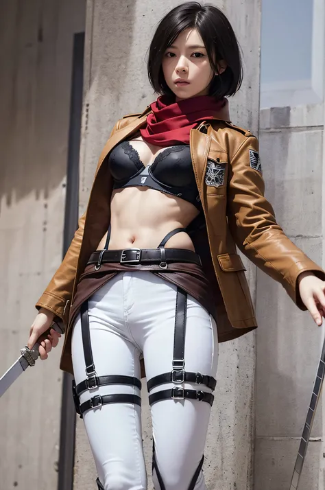 Master Parts, Best Quality, Haute, hmmikasa, Short hair, Black eyes, bra very, Underwear for the lower body, Swimwear Scarf, emblem, Belt bag, Thigh strap, red scarf, White pants, Brown jacket, shortsleeves, The sword, outside of house