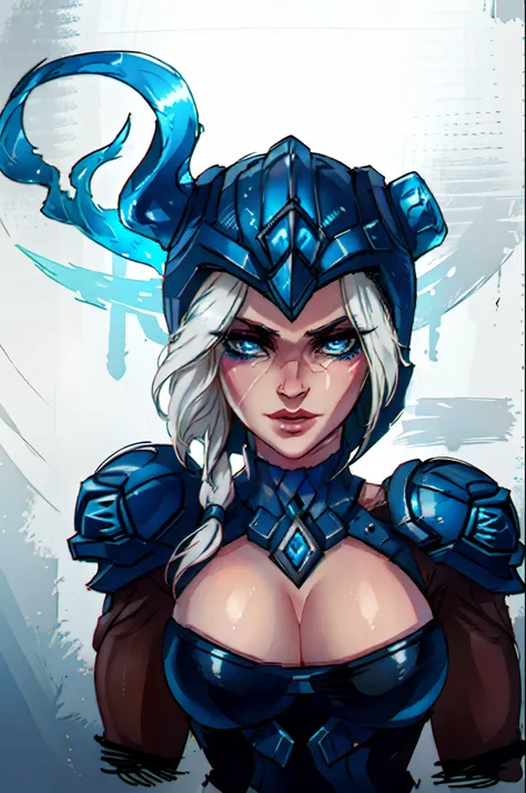 best quality, master piece, highres, portrait, sejuani, white hair, silver armor, helmet, perfect face, blue eyes, large breats,