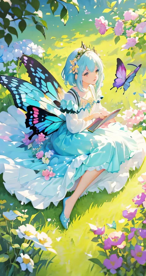 Beautiful girl in fairy costume, Surrounded by flowers and butterflies. content: Watercolor painting. Style: whimsically，Delicate, Like childrens book illustrations.