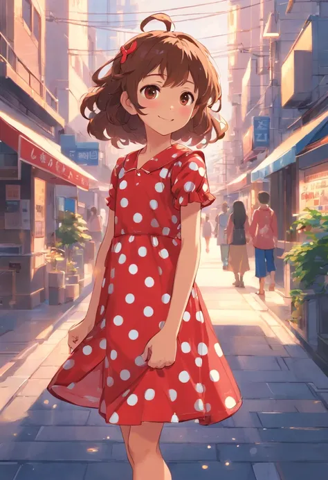 8-year-old girl with a red polka-dot dress, curly hair down to her shoulders, happy, light brown skin.