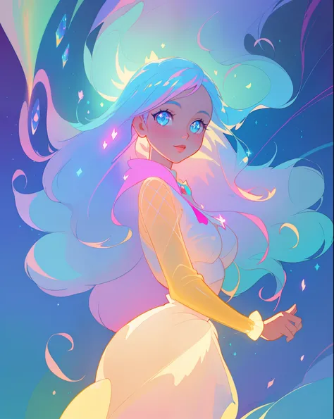 beautiful anime girl in multi-layered ballgown with puffy long sleeves, vibrant pastel colors, (colorful), magical lights, colorful long hair made of liquid light, sparkling lines of light, inspired by Glen Keane, inspired by Lois van Baarle, disney art st...