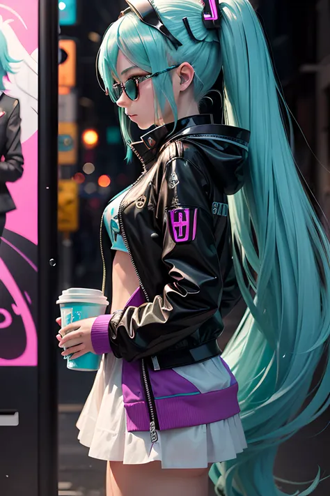 Hatsune Miku is a striking figure in her black puffer jacket, and the intricate details of the outfit are rendered with unsurpassed quality and attention to detail. The realistic textures and reflections on the jacket stand out, making the raindrops feel a...