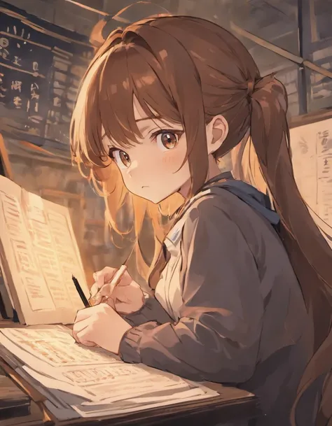 Child with brown hair studying