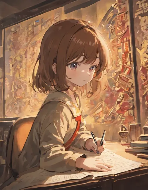 Child with brown hair studying