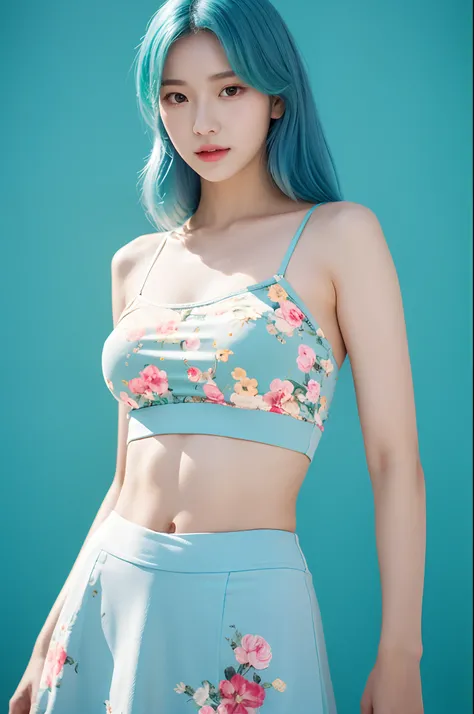 a woman in a floral crop top and mint skirt posing for a picture, croptop, crop top, bralette, wearing white camisole, bae suzy, wearing a camisole, physical : tinyest midriff ever, gorgeous young korean woman, heonhwa choe, cutecore, lulu chen, reluvy5213...