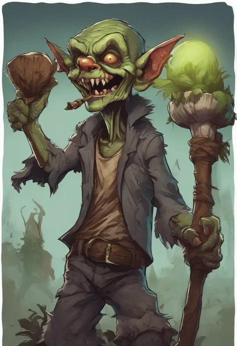 full color anime style drawing zombie goblin with big mouth and toth and a big wooden club in hand with transparent background