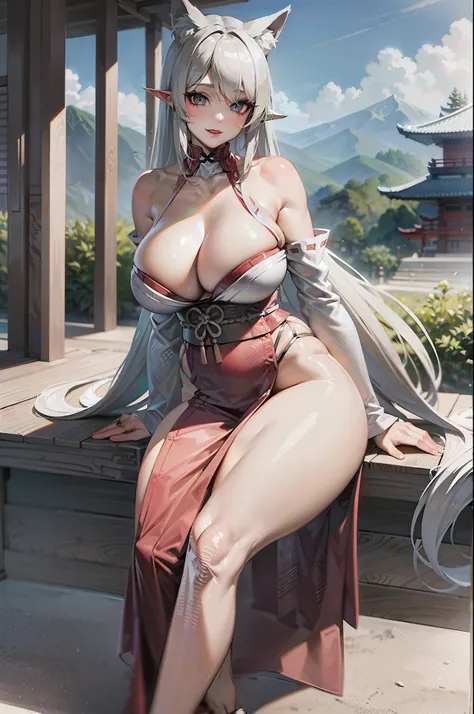 large breasts, thicc tighs, silver ninetails fox, sexy miko outfit, japanese temple on Mountain, ultra detailed, realistic pupils,