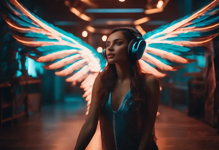 A pretty winged fairy wearing headphone playing vr goggles in futuristic cyberpunk neon light room, wing feathers scattered in the air, perfect cyberpunk wings, dynamic action poses, messy long hair, futuristic cyberpunk interior and urban wallpeaper, vibr...