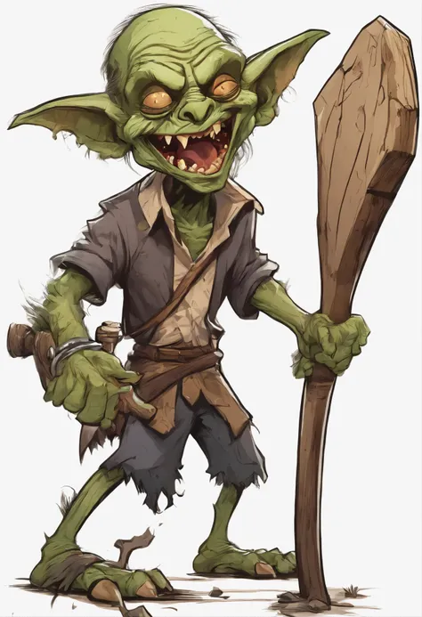 full color anime style drawing zombie goblin with big mouth and toth and a big wooden club in hand with transparent background