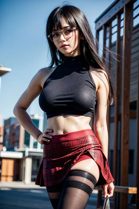 absurdres, high res, ultrasharp, 8K, masterpiece, 1 girl, bright skin, black hair, long hair, glasses, red eyes, half top, half white top, bare belly, plaid skirt, red skirt, big boobs, big tights, black tights, smiling, hands on hips, Japanese city backgr...