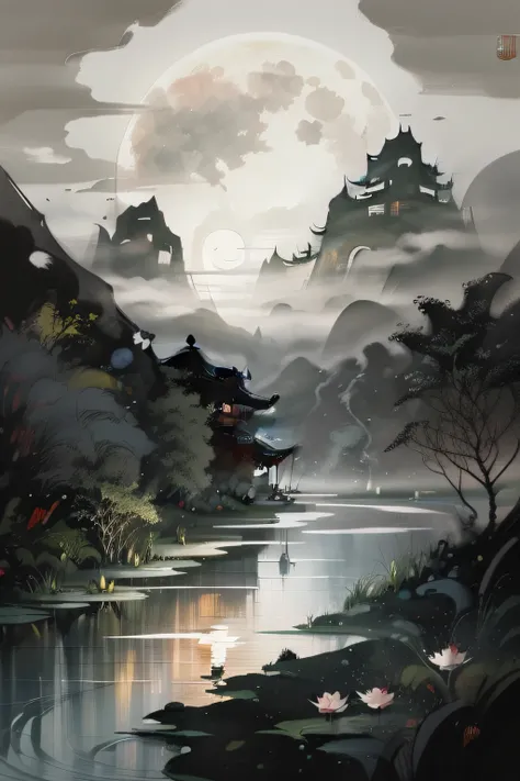 masterpiece,best quality,Chinese martial arts style,an asian night scene with lanterns and water lilies,asian pond with many lanterns and boatsa night scene with many lights and boats in the water, Lake surface, lotus flowers,beautiful night scene,(((Chine...