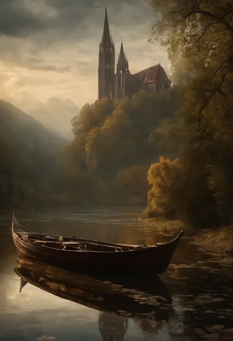 a painting of a painting of a cathedral with a young woman in a boat in the water on a lake, ein Matte Painting von Friedrich Gauermann, Pinterest (Englisch) (Englisch), Gotische Kunst, carl friedrich, Neugotische Kunst, berthold woltze, inspirierende goti...