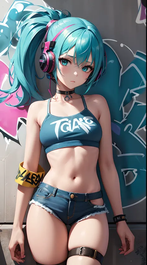 masterpiece, best quality, 1girl, solo, crop top, denim shorts, choker, (graffiti:1.5), paint splatter, arms behind back, against wall, looking at viewer, armband, thigh strap, paint on body, head tilt, bored, multicolored hair, aqua eyes, headset,