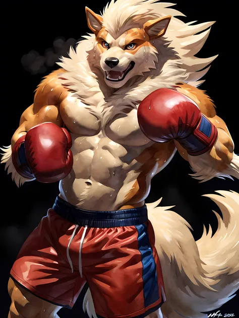 anthro Arcanine, posing for the camera, wearing boxing gloves. 4k, high resolution, best quality, posted on e621, (solo:1.2), anthro body, male, mane, adult, masculine, (athletic, muscular, heavyweight:1.2), correct anatomy, (black background, no backgroun...